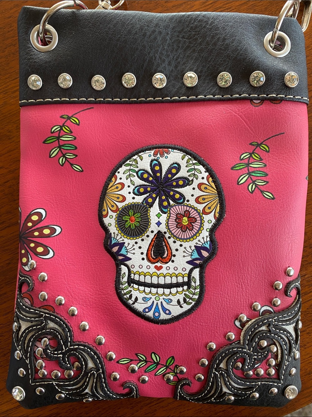 Pink Sugar Skull Crossbody Bag with Stud Accents